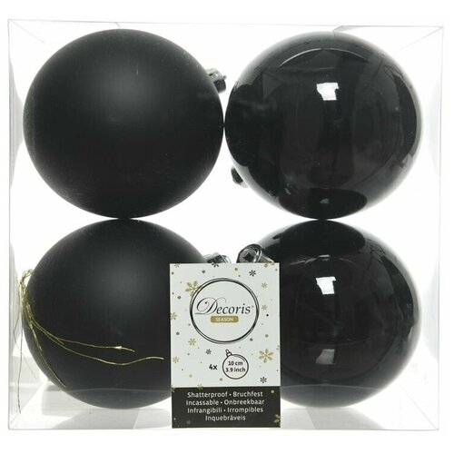 фото Набор однотонных пластиковых шаров глянцевых и матовых, цвет: черный, 100 мм, упаковка 4 шт., kaemingk