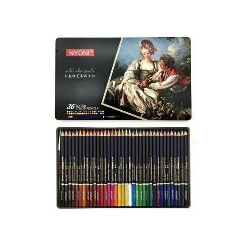 Цветные художественные акварельные карандаши NYONI 36 цветов, деревянные, заточенные, в подарочном металлическом кейсе с кистью