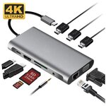 Адаптер/Хаб/Переходник/Концентратор USB-C HUB 10 в 1, 3xUSB 3.0, RJ45, HDMI 4K, VGA, SD Card, 3.5MM audio port, PD Зарядка до 100W для MacBook Pro/Air - изображение