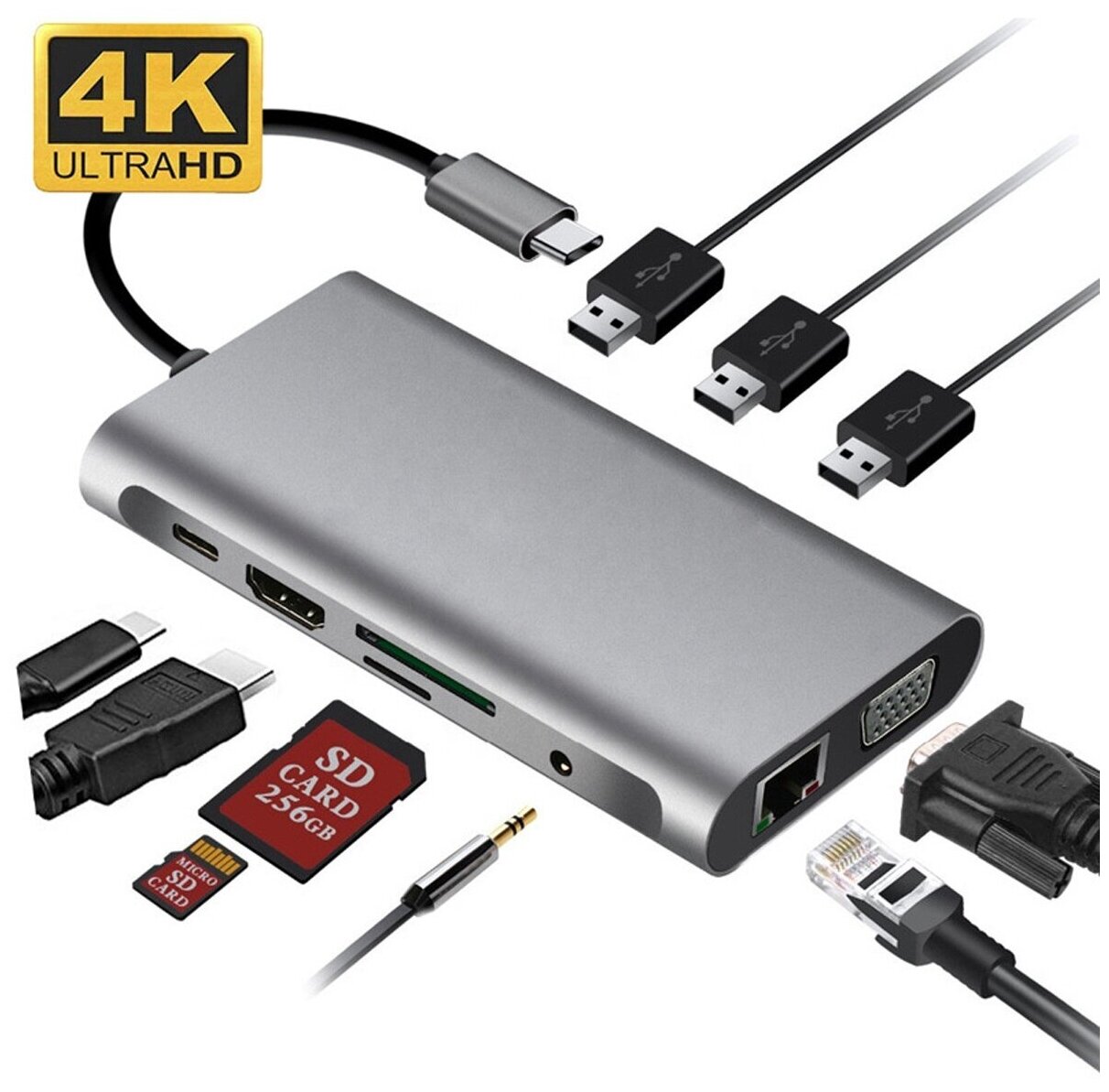 Адаптер/Хаб/Переходник/Концентратор USB-C HUB 10 в 1, 3xUSB 3.0, RJ45, HDMI 4K, VGA, SD Card, 3.5MM audio port, PD Зарядка до 100W для MacBook Pro/Air