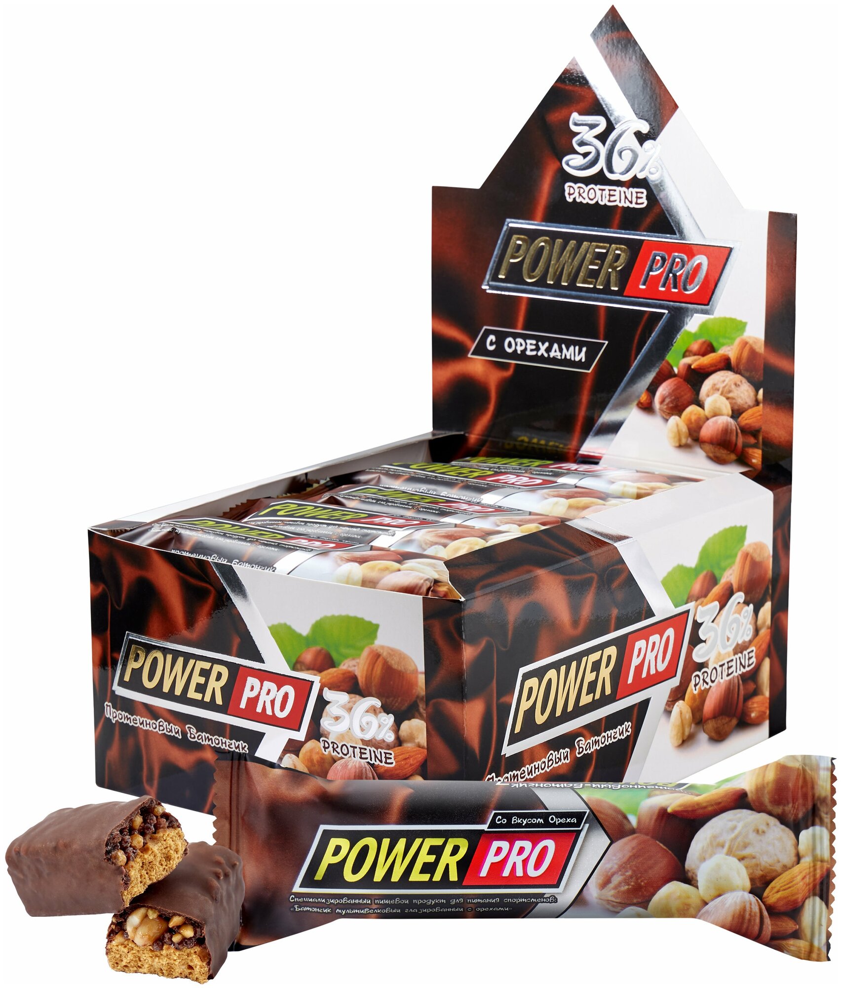 Power Pro Батончики с цельными орехами и фруктами 60 г, 20 шт, вкус: орех