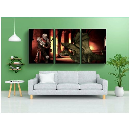 фото Набор модулных постеров для интерьера "рыцарь, дракон, средневековый" 60x90 см. в тубусе, без рамки lotsprints