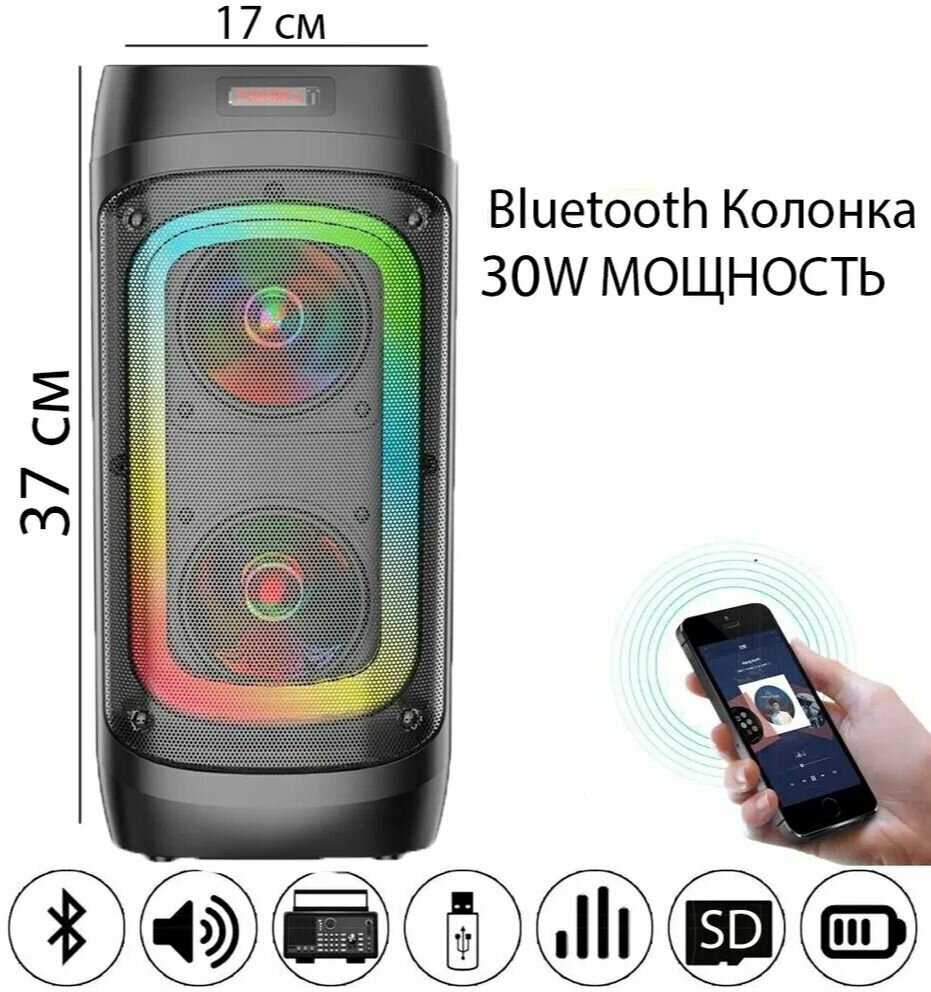 Портативная беспроводная Bluetooth (блютуз) колонка с караоке микрофоном светомузыкой переносной музыкальный центр большой мощности радио и AUX