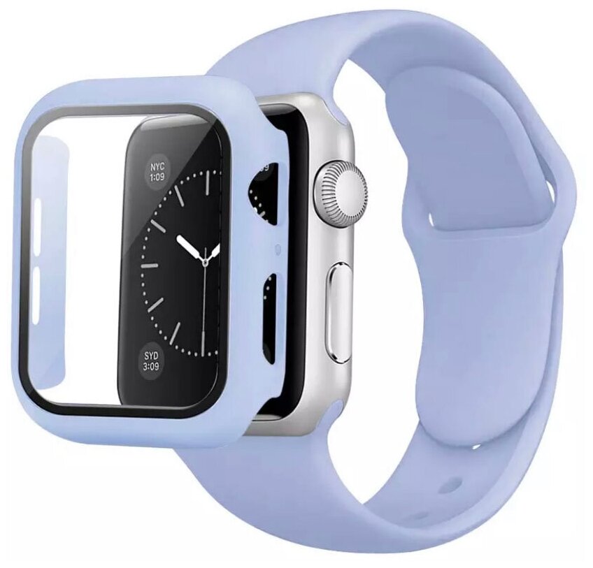 Чехол для Apple Watch 7 45мм со стеклом + силиконовый ремешок для Apple Watch 7 45mm голубой