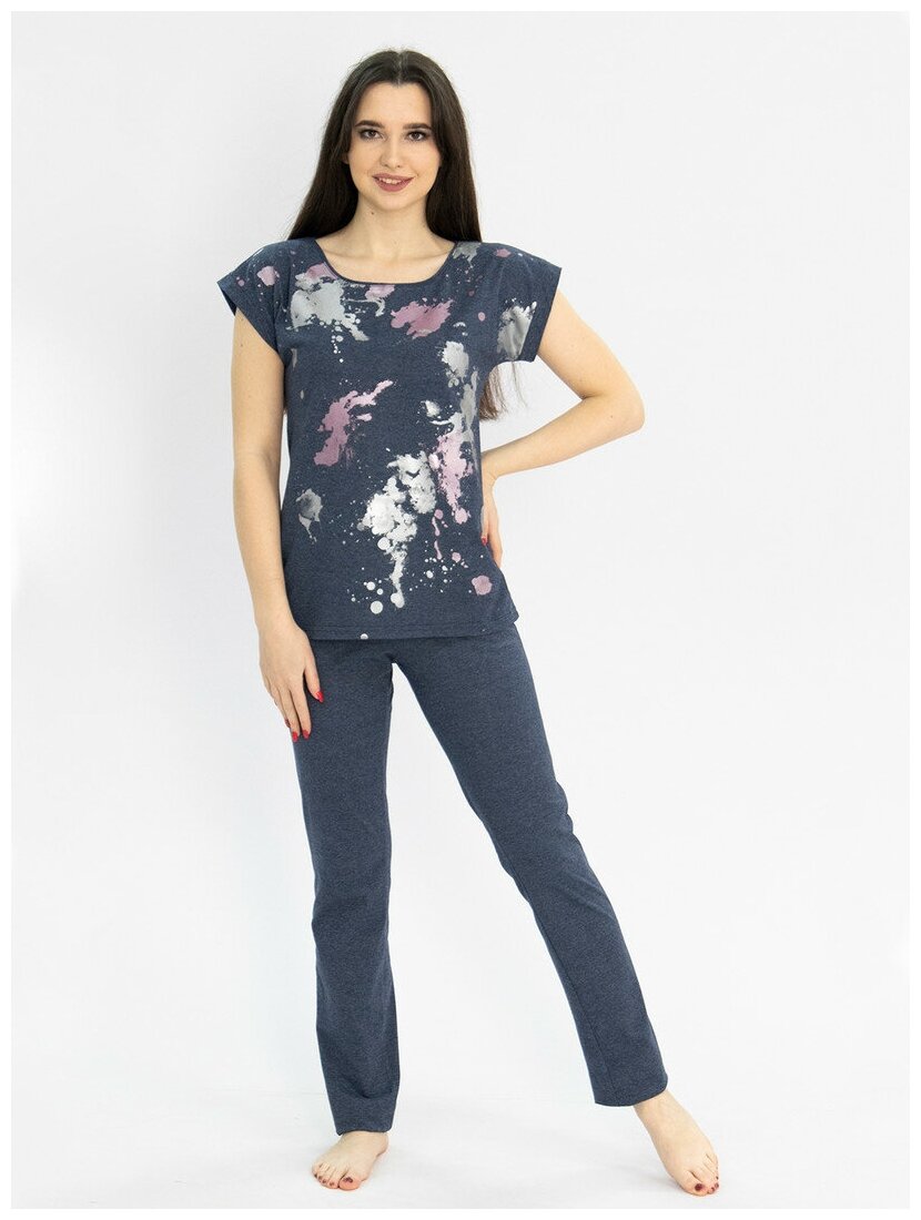 Комплект женский "абстракция" футболка+брюки кулирка темно-синий меланж