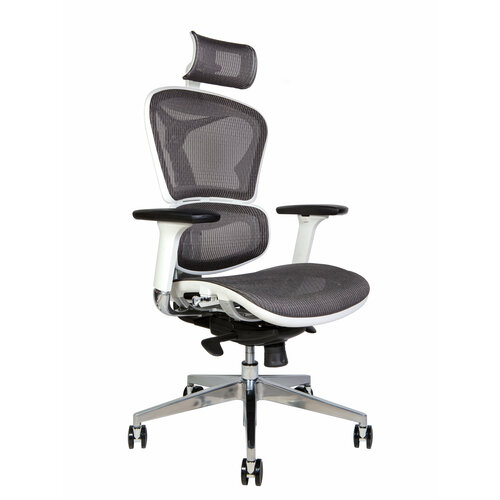Компьютерное, офисное кресло HERO, корпус алюминий / серая сетка / белый пластик