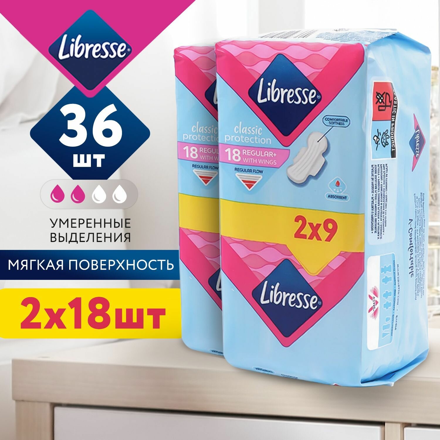 Оригинальные гигиенические прокладки женские Libresse Classic Protection Regular+ с крылашками, 36 шт (2 уп по 18 шт), анатомическая форма, 2 капли