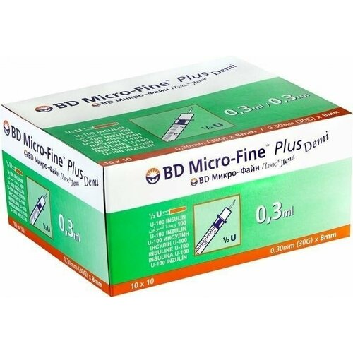 Шприц инсулиновый BD Micro-Fine Plus Demi 0,3 мл U-100 30G (0,3 мм x 8 мм) - 100 шт, для детей