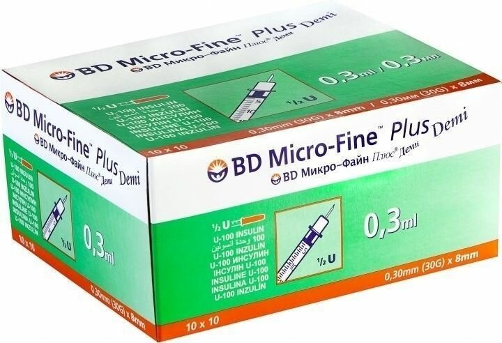Шприц инсулиновый BD Micro-Fine Plus Demi 0,3 мл U-100 30G (0,3 мм x 8 мм) - 100 шт, для детей