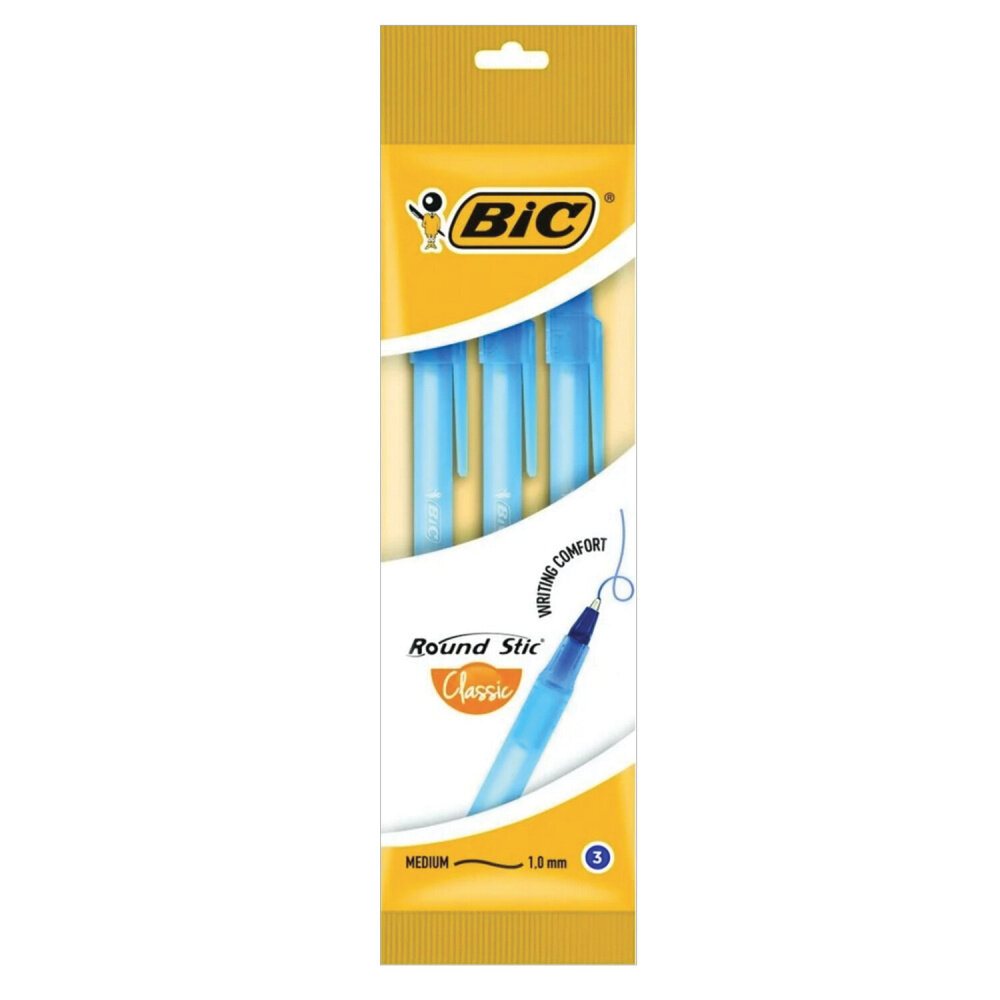 Ручки шариковые BIC "Round Stic", набор 3 шт, синие, узел 1 мм, линия письма 0,32 мм, пакет, 9021522 упаковка 10 шт.