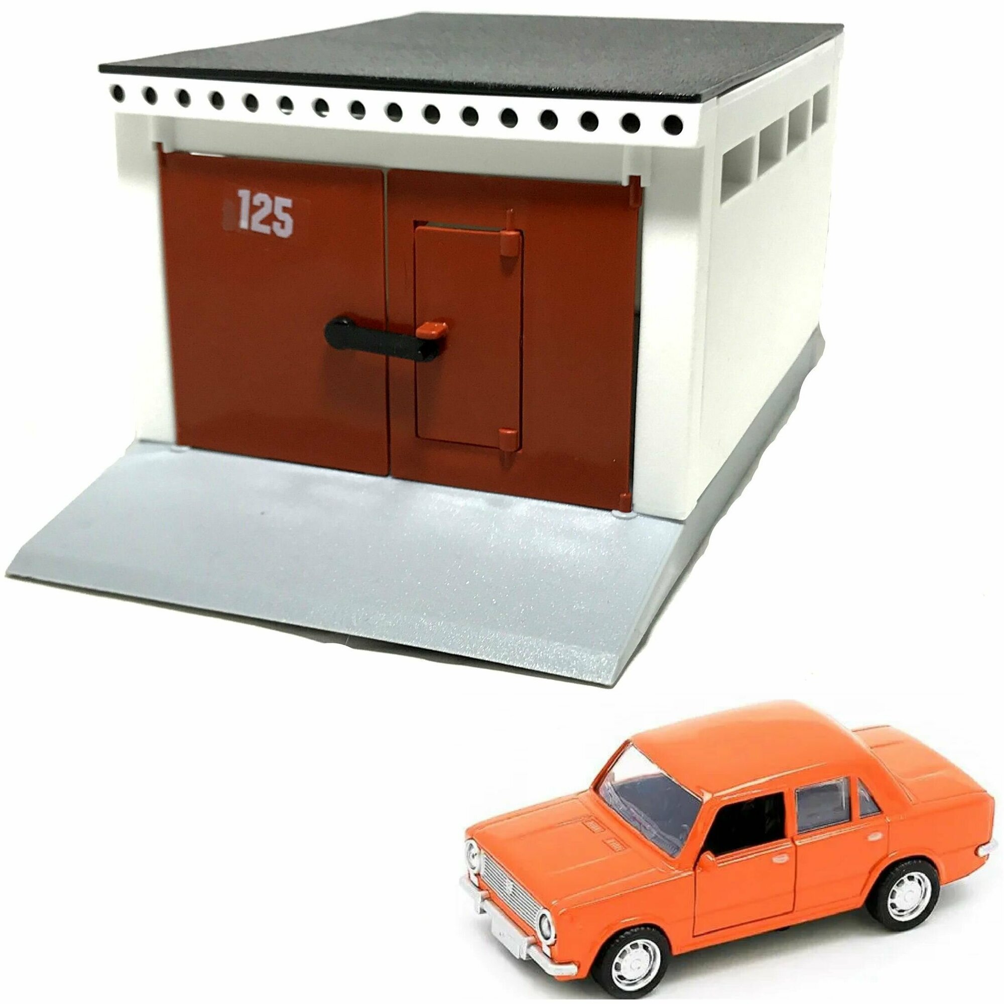Гараж с распашными воротами и металлическая машинка модель ВАЗ 2101 (инерция, 2 откр. двери и багажник) - оранжевая