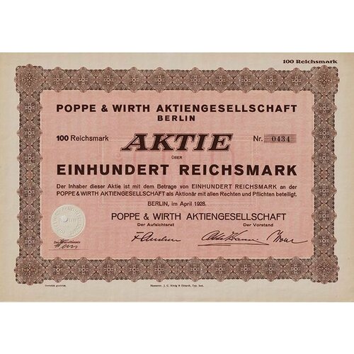 Германия, Акционерное общество Поппе и Вирт, Берлин, 1928 год, 100 рейхсмарок