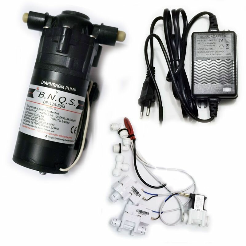 фото Насос B.N.Q.S. DP-125-50М (MINI) (помпа) с блоком питания 24V 1,5A, фитингами на трубку 1/4" (6,5мм), соленоидным клапаном и набором датчиков для фильтра с обратным осмосом Родничок.