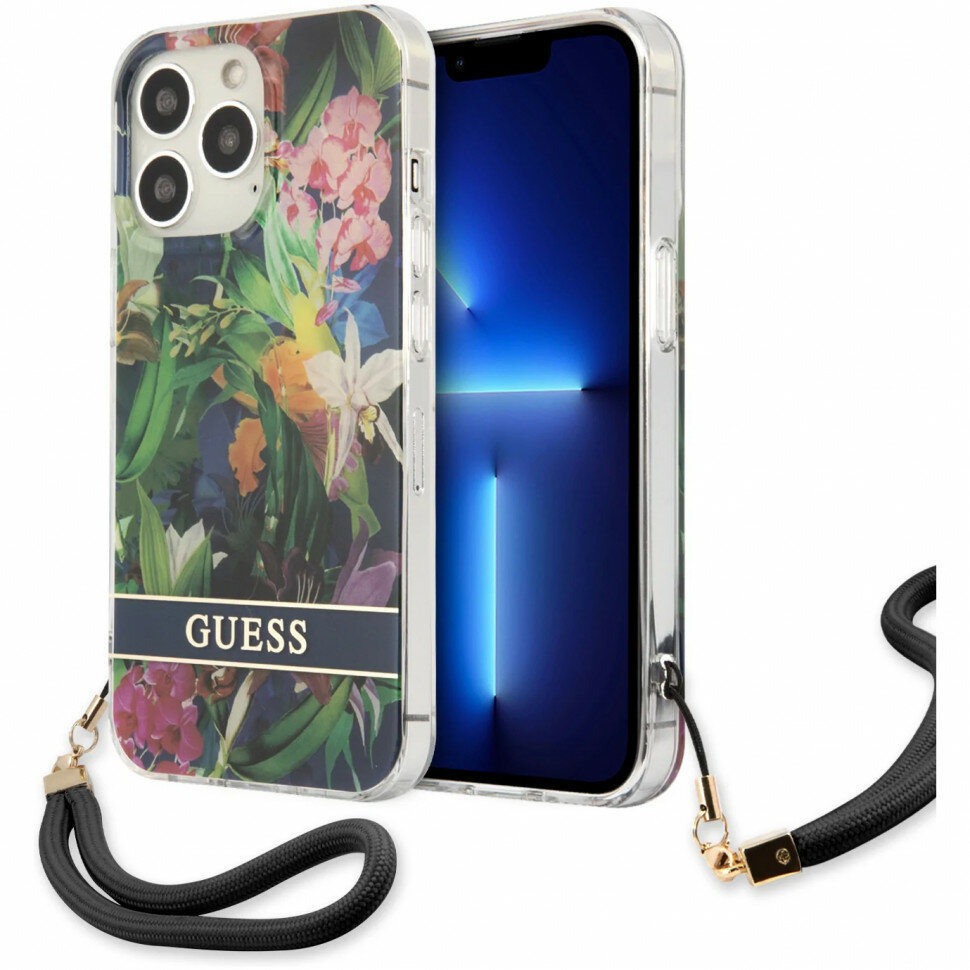 Чехол Guess PC/TPU Flower pattern Hard + Hand cord для iPhone 13 Pro, цвет Синий (GUHCP13LHFLSB)