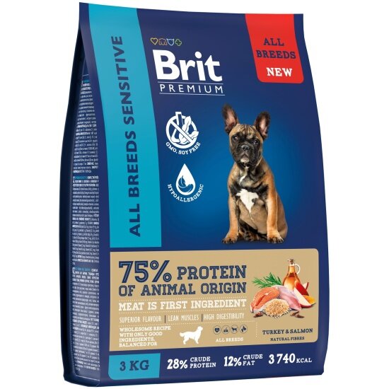 Корм сухой Brit Premium Dog Sensitive для взрослых собак всех пород с чувствительным пищеварением, с лососем и индейкой 3 кг — фото 1