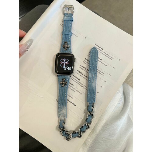 Ремешок Denim Croix, для Apple Watch, тонкий, кожаный, светло-голубой
