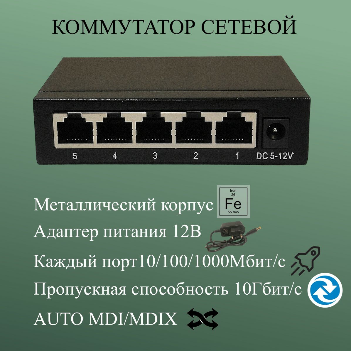 Коммутатор сетевой YDA, 5 портов,скорость портов 10/100/1000 Мбит/,металлический корпус,пропускная способность 10Гбит/с, мощный адаптер 12В 1А