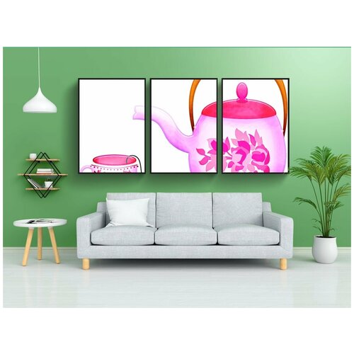 фото Модульный постер "чайный набор, чайник, чашка" 180x90 см. из 3х частей в тубусе, без рамки lotsprints