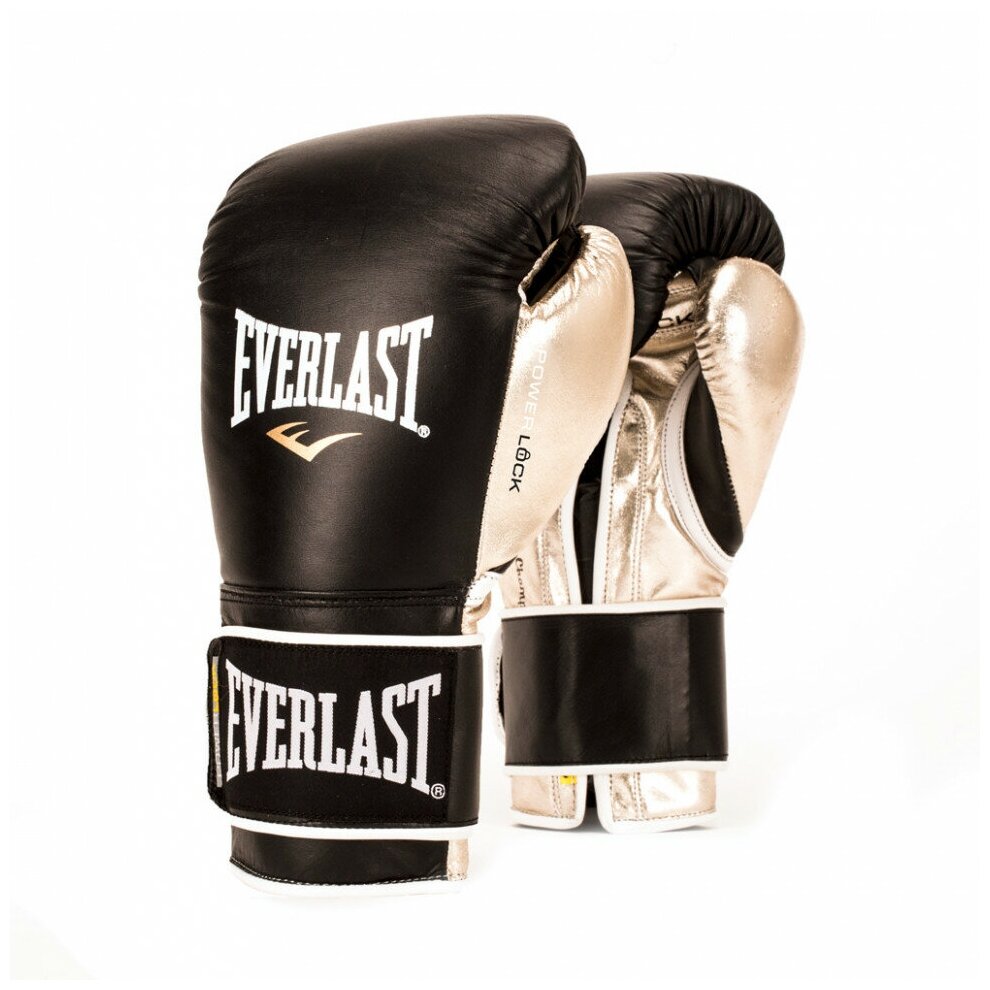 Боксерские перчатки тренировочные, натуральная кожа Everlast Powerlock - Черный/Золотой (16 oz)