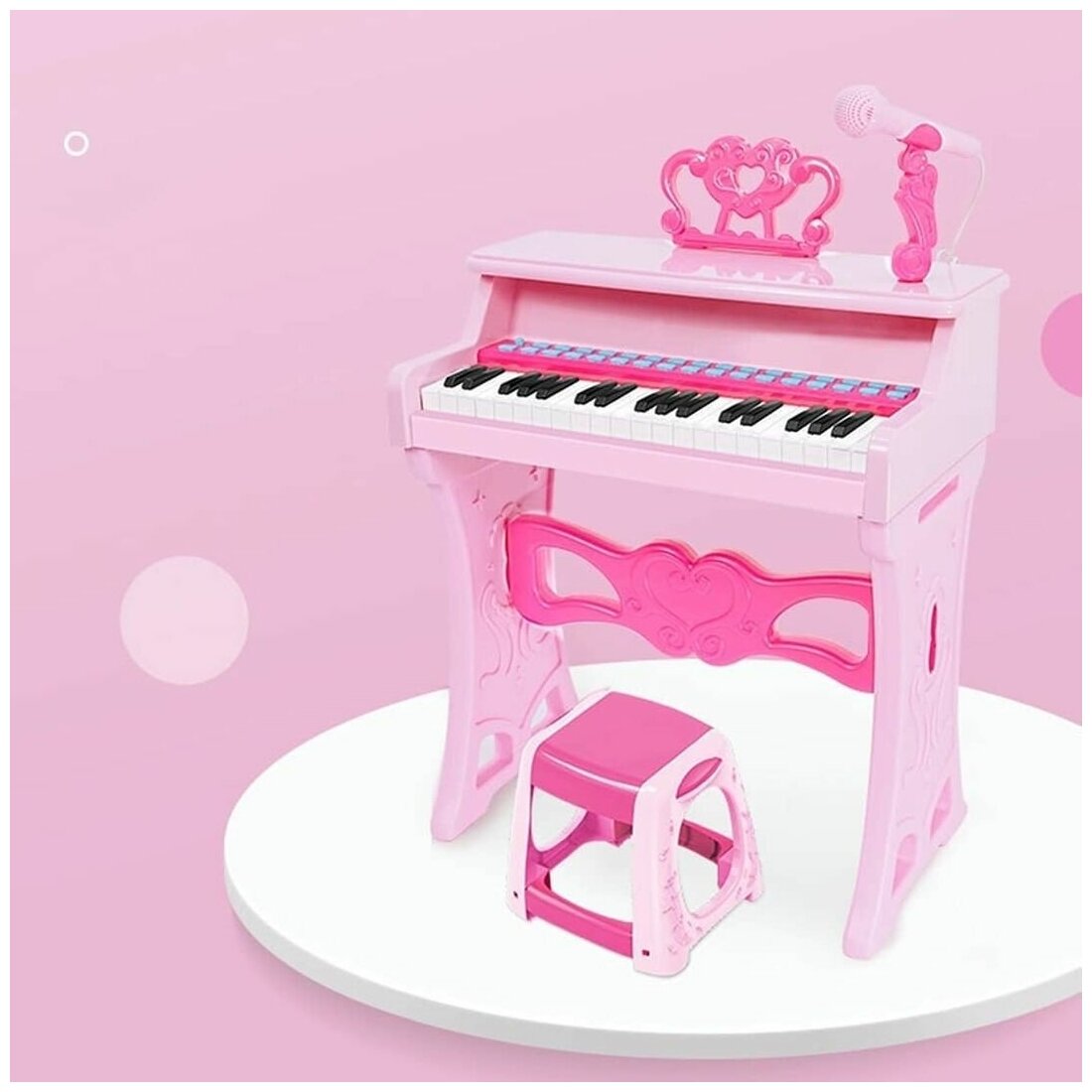 Детское пианино синтезатор с микрофоном и стульчиком розовое. "ЧеКупил?"
