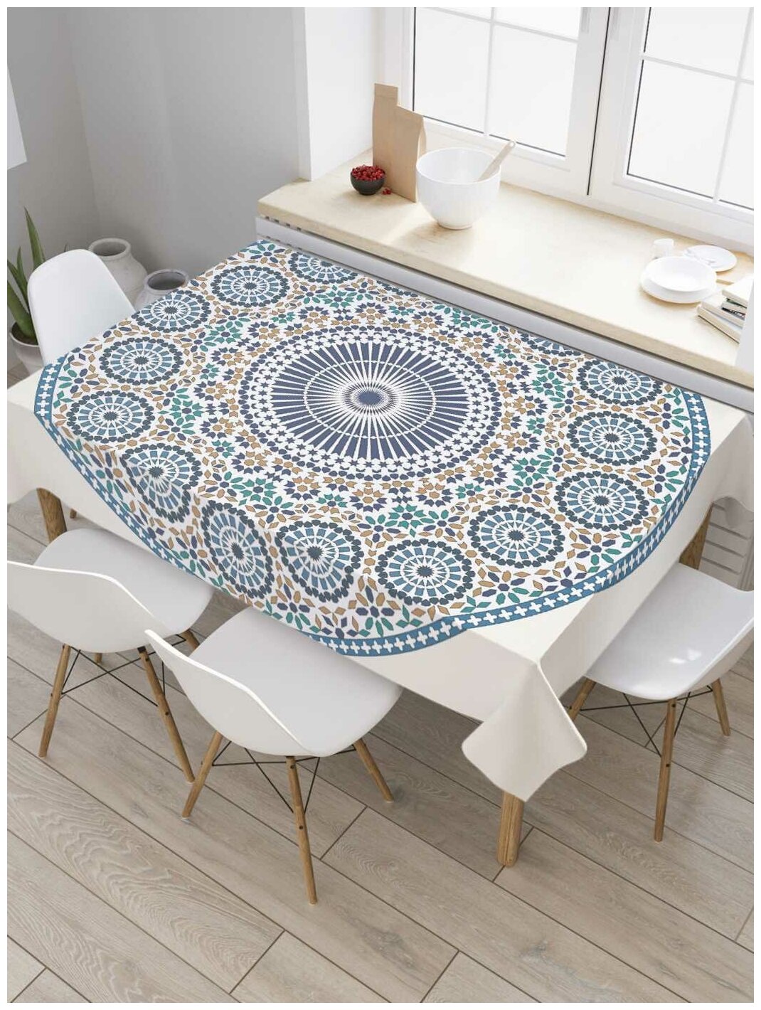 Скатерть прямоугольная JoyArty на кухонный стол "Круговое цветение" из оксфорда, 180x145 см
