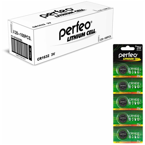 батарейки perfeo cr1632 lithium cell литиевые дисковые 5шт 3v Батарейка Perfeo CR1632/5BL Lithium Cell, 100шт