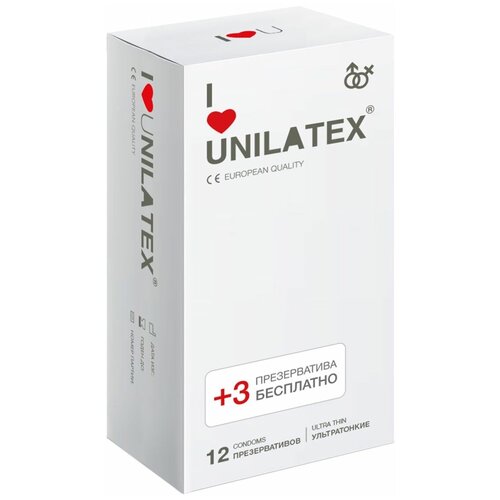 Ультратонкие презервативы Unilatex Ultra Thin - 12 шт. + 3 шт. в подарок / супертонкие латексные контрацептивы ultrathin юнилатекс 19 см, 0,05 мм