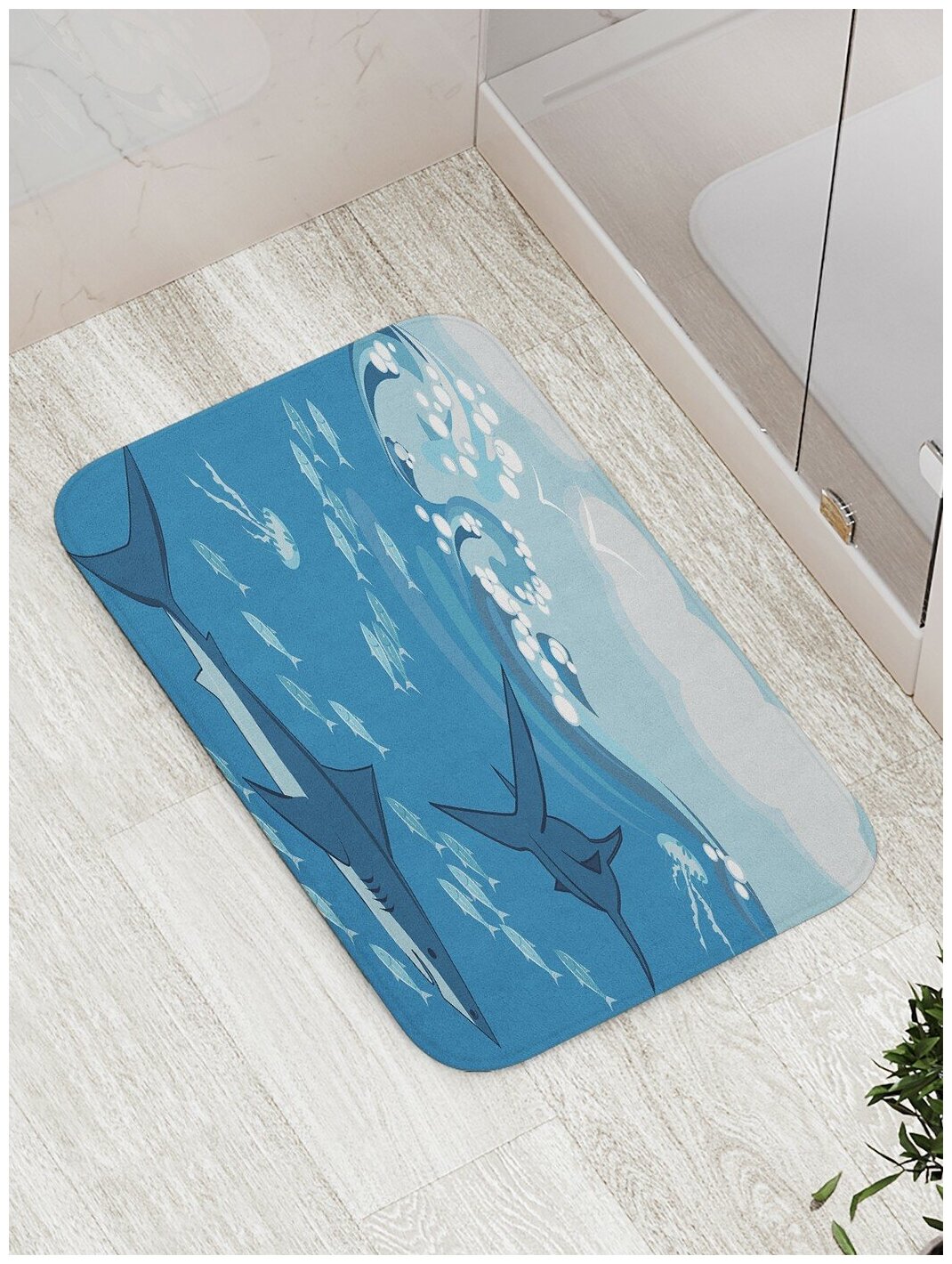 Коврик JoyArty противоскользящий "Акулы на волнах" для ванной, сауны, бассейна, 77х52 см