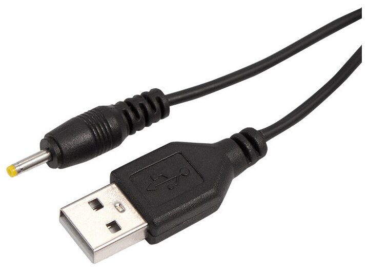 Кабель (USB штекер - DC разьем 0,7х2,5 мм) 1 м для подачи питания или зарядки, цвет: Черный