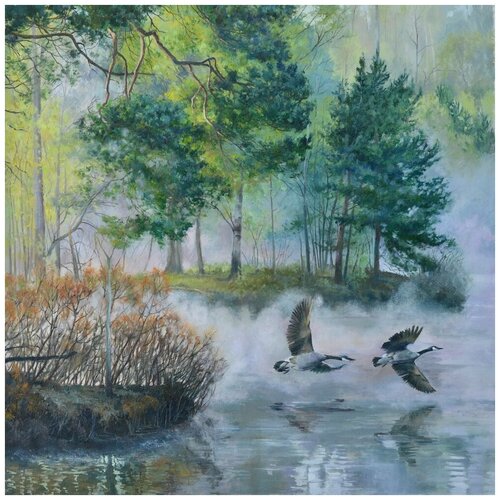 фото Картина на холсте маслом "сквозь туман над рекой" 60 x 60 см. автор: маслова ольга (багетная рама в подарок) bachetta