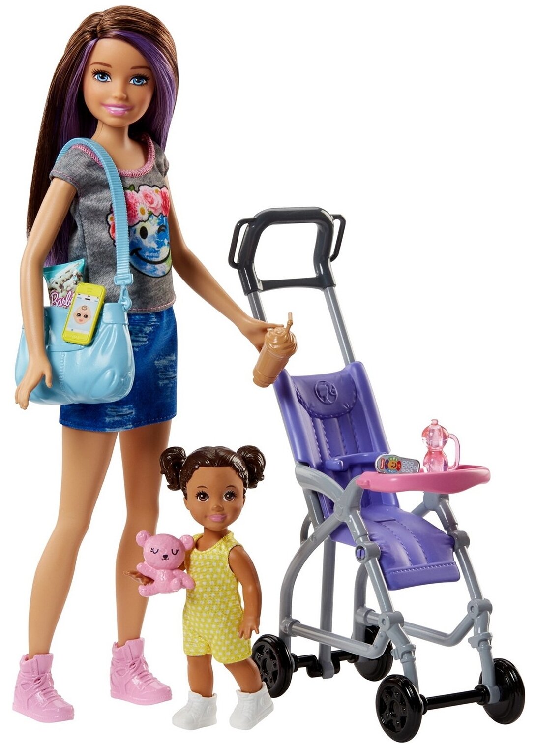 Набор игровой Barbie Няня Скиппер 2 куклы с аксессуарами Прогулка в коляске FJB00