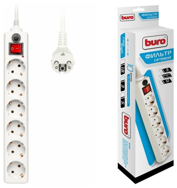 Набор из 6 штук Сетевой фильтр Buro 600SH-3-W 3м (6 розеток) белый (коробка)