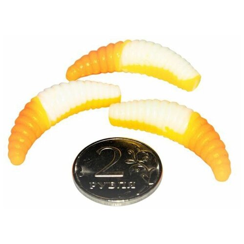 Мягкая форелевая силиконовая приманка для рыбалки TROUT EXPERT серия MAGGOT - личинка (#M3807, 38 мм, 10 шт в банке, сыр) Белый Оранжевый