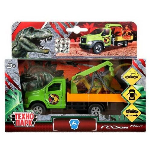 фото Машинка технопарк газон next эвакуатор и динозавр открываются двери, багажник, инерцонная, металлическая 12 см