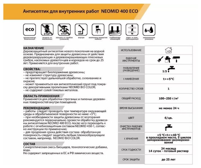 Биоцидная пропитка NEOMID (неомид) 400 Антисептик для внутренних работ концентрат 1:5, бесцветный, 1 л - фотография № 5