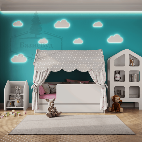 Изображение товара Кроватка детская домик с текстилем и ящиком (серый, с принцессами) "Базовый"