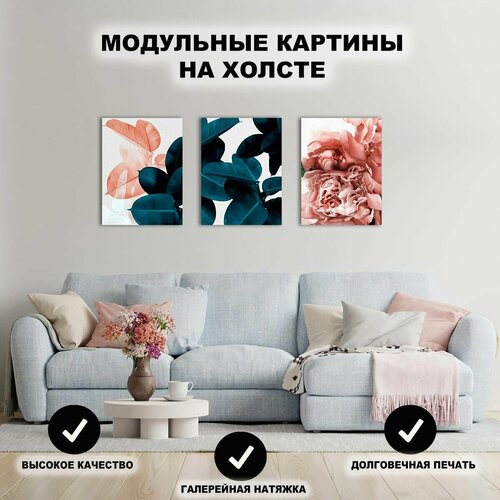 Картина модульная интерьерная на стену на холсте Листья, Пространство интерьера, 3шт. 30х40