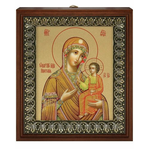 Икона Пресвятая Богородица Иверская 2 на золотом фоне в рамке со стеклом (размер изображения: 13х16 см; размер рамки: 18х20,7 см).