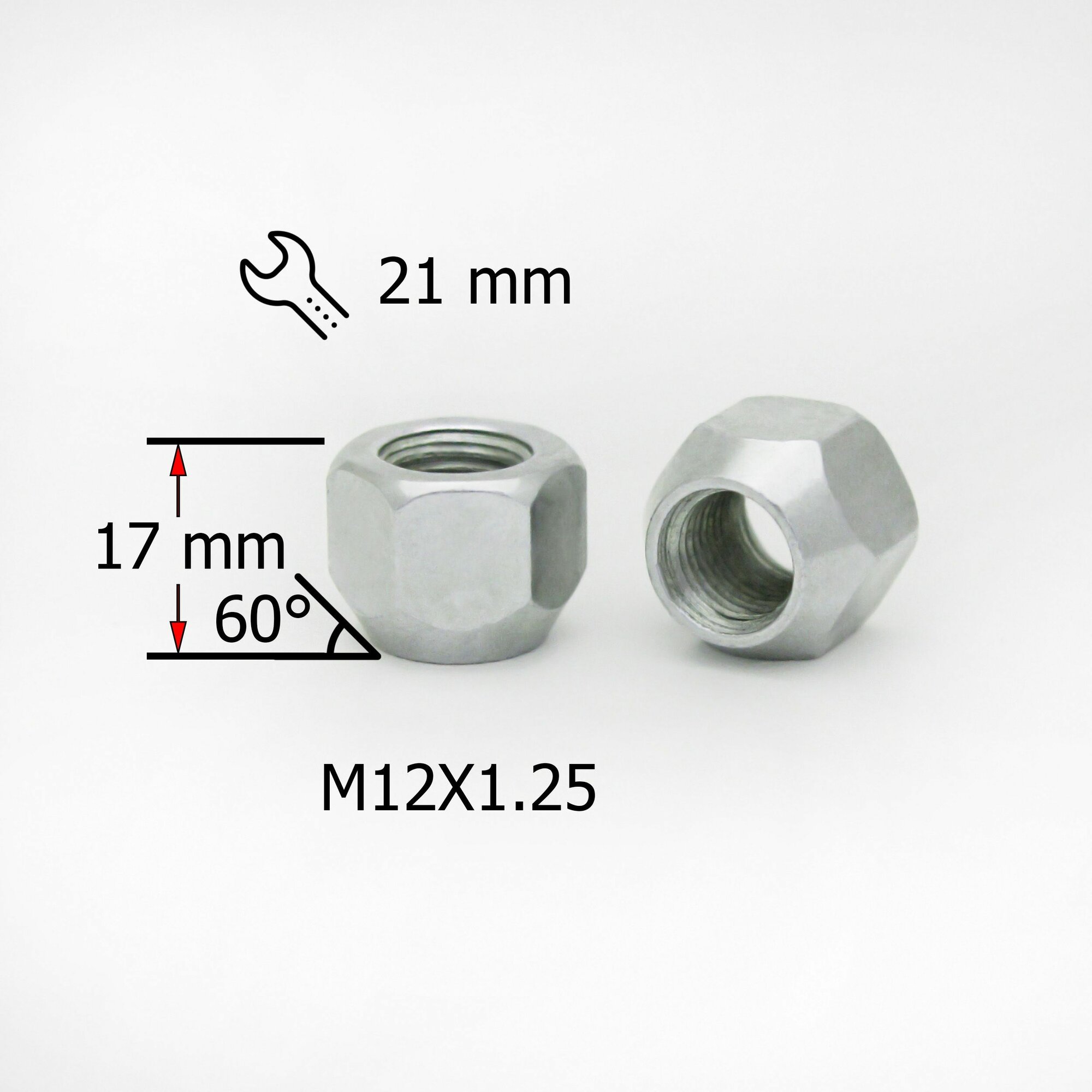 Гайка колесная M12х1,25 высота 17мм, Конус, открытая, ключ 21мм, Цинк