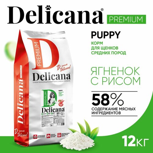 Delicana Корм сухой для щенков средних пород Ягненок с рисом гипоаллергенный, 12 кг