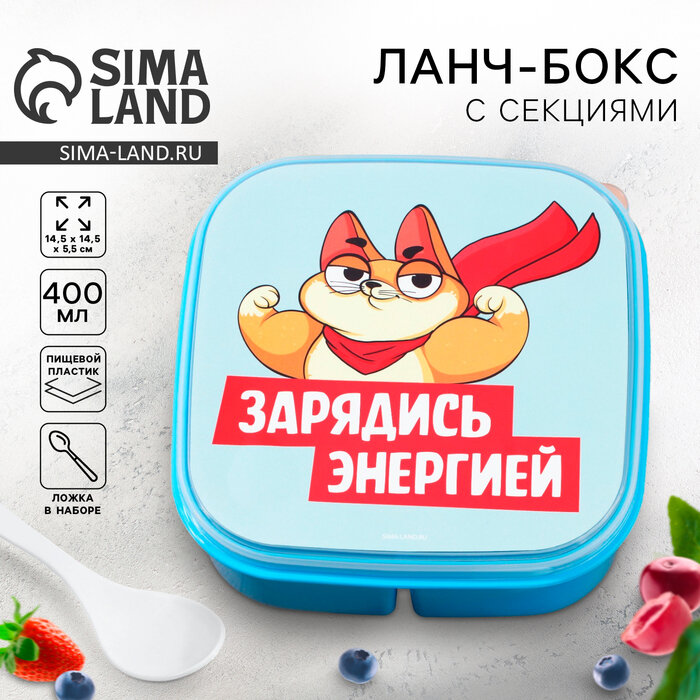 Ланч - бокс квадратный с секциями и ложкой «Зарядись энергией», 14,5 х 6 см
