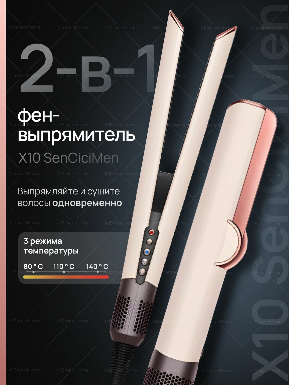 Фен-выпрямитель SenCiciMen X10, 1300Вт, керамический, ЖК-дисплей, 3 режима