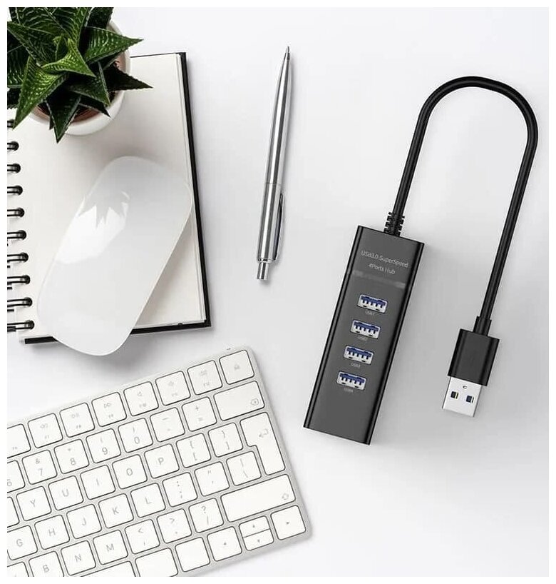 USB Hub провод 30см, USB-концентратор USB 3.0 на 4 порта, HUB разветвитель портативный 480MBPS, USB-ХАБ для периферийных устройств, черный