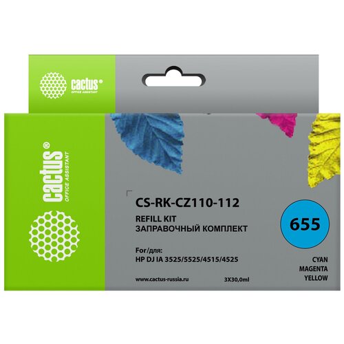 Cactus CS-RK-CZ110-112 чернила (HP 655) цветной 90 мл (совместимый) cactus cs rk 3ym60 61 чернила заправочный набор hp 305 3ym60ae 3ym61ae цветной 4 x 30 мл совместимый