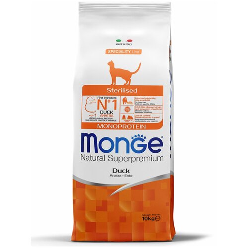 Сухой корм для стерилизованных кошек Monge Natural Superpremium Monoprotein, с уткой 10 кг monge cat speciality line monoprotein sterilised полнорационный сухой корм для стерилизованных кошек с треской 1 5 кг