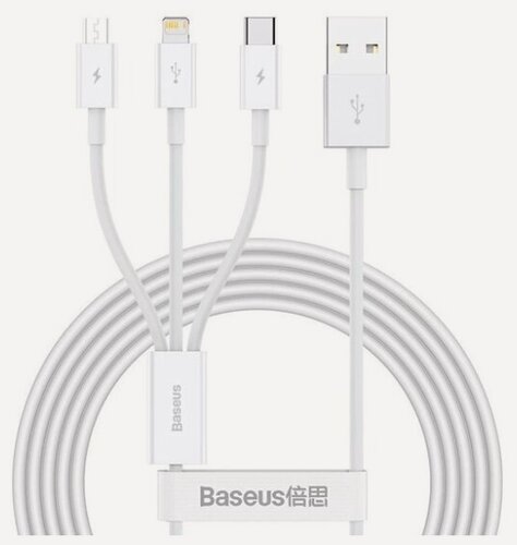 Изображение товара Кабель Baseus USB на Micro usb+Lightning+Type C, с функцией быстрой зарядки, 3.5A, 1.5м, белый