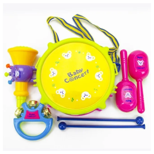 Набор детских музыкальных инструментов ( барабан ,маракасы 2 шт ,погремушка ,труба )