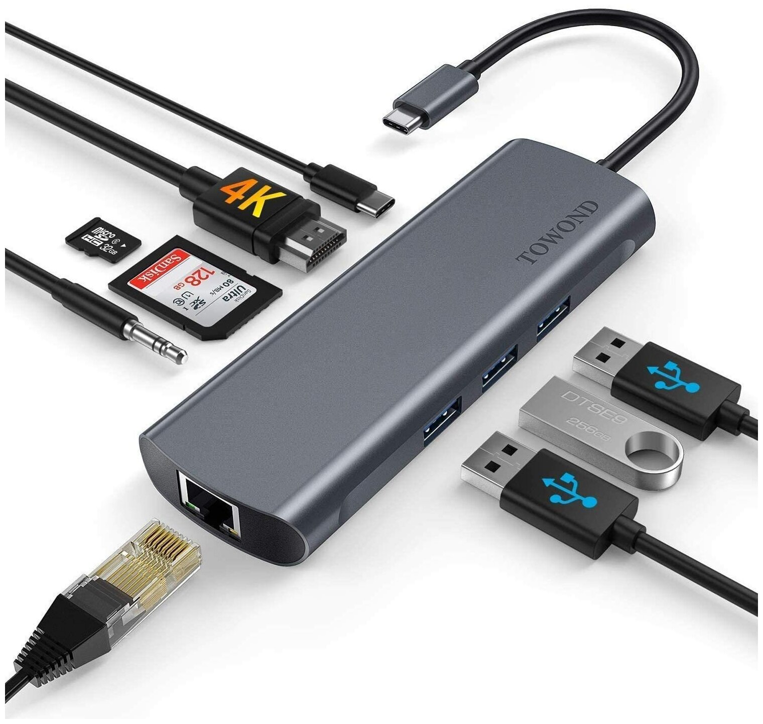 Хаб Type-C на 3 USB Type-C PD HDMI 4K RJ45SDTFAudio TOWOND