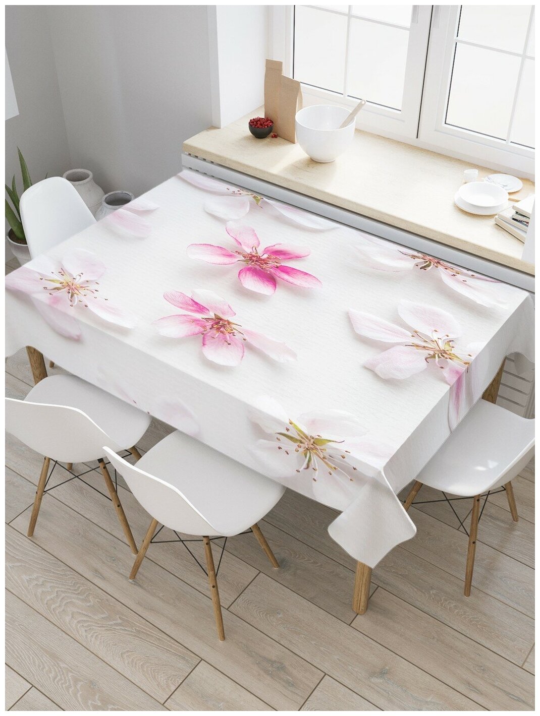 Скатерть прямоугольная JoyArty на кухонный стол "Симметричные цветы сакуры" из оксфорда, 120x145 см