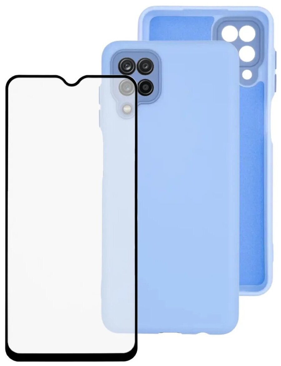 Комплект 2 в 1: Чехол Silicone Case №4 + защитное стекло для Samsung Galaxy A22 / M32 / Накладка / бампер с защитой камеры